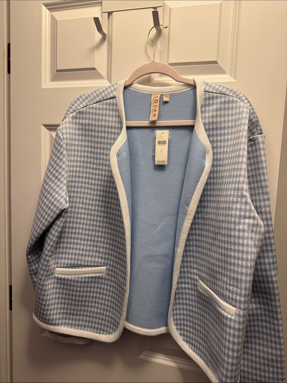 Anthropologie Light Blue Gingham Open-Front Jacket with White Trim